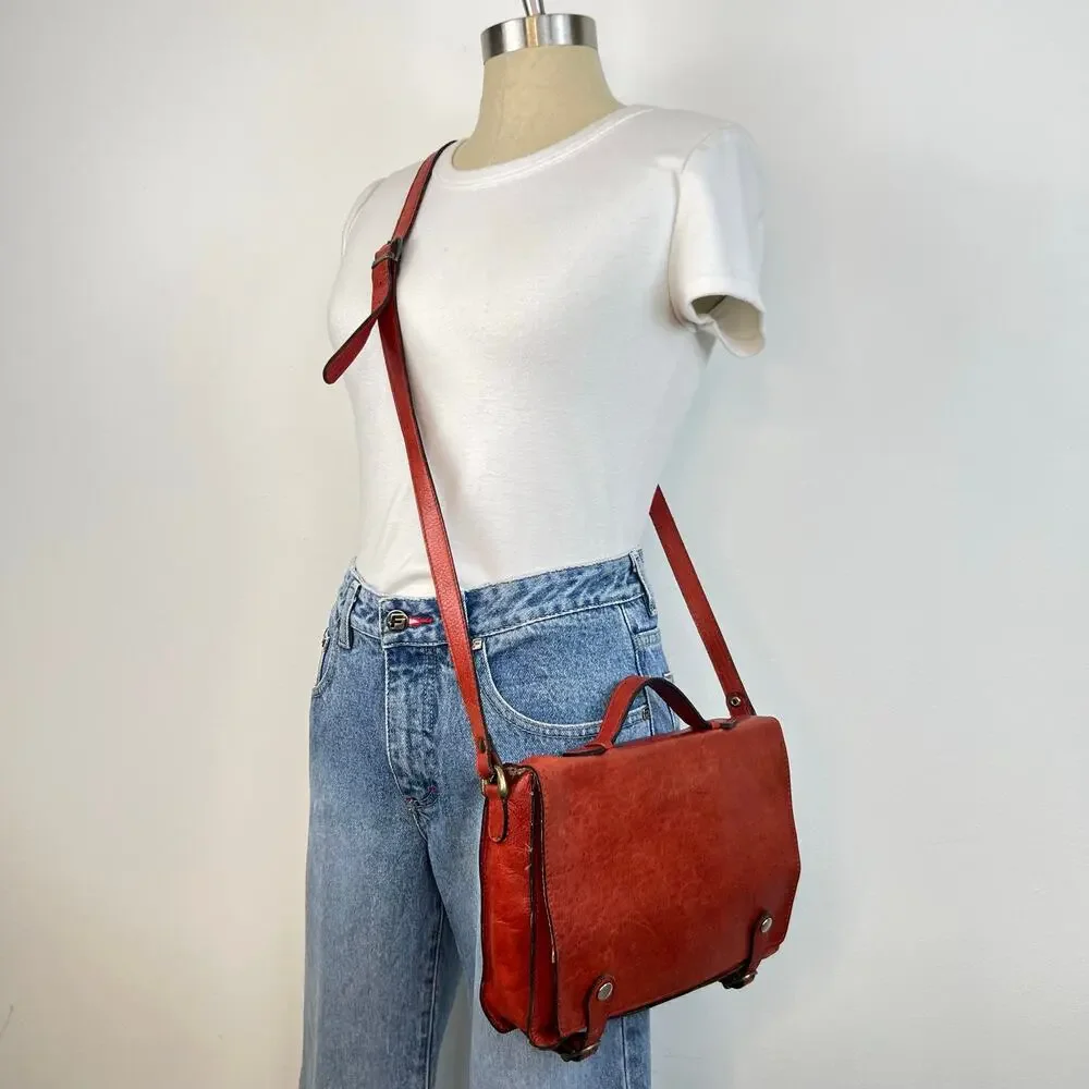 Vintage Red Genuine Leather Classic Cross-Body Messenger Bag Purse